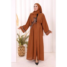 Bym Fashion Zincir Püskül Detay  Abaya ŞAL HEDİYE  7887 Taba
