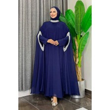 Bym Fashion Taş İşleme Detaylı Elbiseli Pelerin Takım 3875 Lacivert