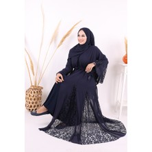 Bym Fashion Dantel İşleme Detay Kuşaklı Şifon Abaya 7886 Lacivert