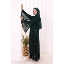 Bym Fashion Dantel İşleme Detay Kuşaklı Şifon Abaya 7886 Zümrüt