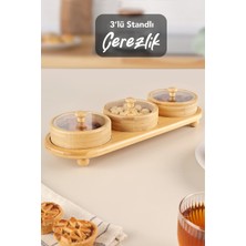 Meleni Home 3'lü Standlı Bambu Çerezlik - Kapaklı Kahve Yanı Sunumluk Bambu Kase Kahvaltılık Sunum Kasesi