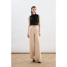 Sateen Kemerli Bol Pantolon - Bej