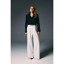 Sateen Kemerli Bol Pantolon - Ekru