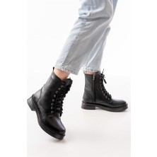 Sibel Gürel 02-356 Siyah Düz Topuklu Bağcıklı Fermuarlı Günlük Kadın Bot