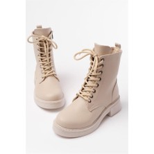 Sibel Gürel 02-356 Bej Galata Düz Topuklu Bağcıklı Fermuarlı Günlük Kadın Bot