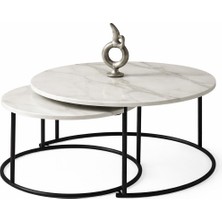 Sylar Beyaz Mermer Yavrulu Orta Sehpa Takımı – Siyah Metal Ayaklı