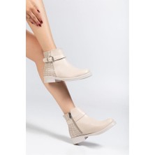 Sibel Gürel 165-204/1 Bej Kroko Toka Aksesuarlı Fermuarlı Günlük Kadın Bot