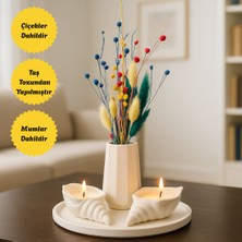 Nigi Store 4 Parça Dekoratif Mumlu Set - Istiridye Mumlu, Vazolu, Yuvarlak Tepsi