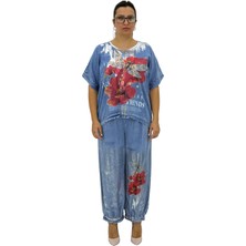 La Velina Büyük Beden Pamuklu Düşük Kollu Parlak Baskı Detaylı Jogger Salaş Alt Üst Ikili Kadın Takım