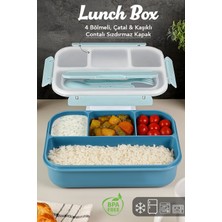 Meleni Home Sızdırmaz Contalı Yemek Kabı - 4 Bölmeli Çatal Kaşıklı Diyet Beslenme Kutusu Lunch Box Mavi