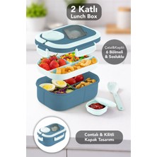 Meleni Home Bondie Kilitli Kapak Yemek Kabı - 2 Katlı Bölmeli Kaşık ve Sosluklu Lunch Box Beslenme Kutusu Mavi