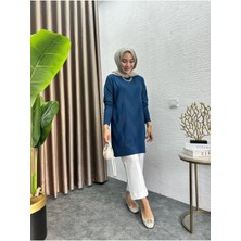 Kadın Kolları Düğmeli Zikzak Desen Merserize Tunik