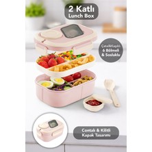 Meleni Home Bondie Kilitli Kapak Yemek Kabı - 2 Katlı Bölmeli Kaşık ve Sosluklu Lunch Box Beslenme Kutusu Pembe