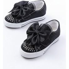 Kız Çocuk Siyah Kaydırmaz Taban Işıklı Fiyonklu Taşlı Spor