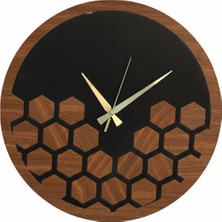 As Tasarım Lazer Petek Model Duvar Saati Dekorasyon 45 cm (Siyah-Ceviz)