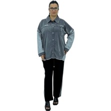 Büyük Beden Pamuklu Çizgili Parlak Detaylı Düğmeli Alt Üst Kadın Gömlek Takım