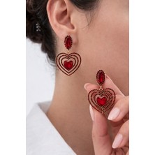 Kırmızı Taşlı Kalp Içinde Kalp Küpe