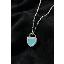 Roza Silver 925 Ayar Ikonik Turkuaz Kalp Kilit Detaylı Zincir Gümüş Kolye (Küçük Boy)
