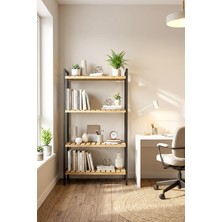 Exent Dekoratif Metal Kitaplık 4 Raflı Ahşap Kitaplık, Çalışma Odası Kitaplık