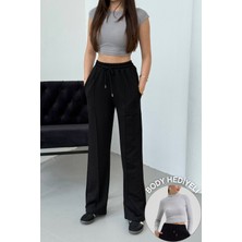 Mezka Kadın Siyah Çımalı 2 İplik Bol Paça Beli Lastikli Rahat Kesim Eşofman Altı