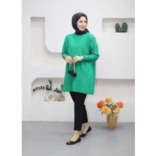 Kadın Kolları Düğmeli Zikzak Desen Merserize Tunik