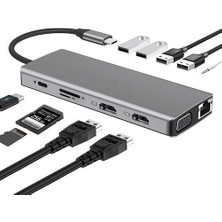 12IN1 Dock Station 2 Adet HDMI Uyumlu 1000 Mbps 4K USB C Adaptörü USB 3.0 VGA RJ45 Pd Için Macbook P