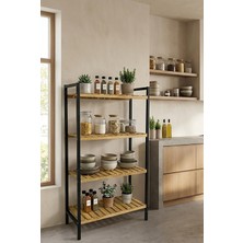 Exent Dekoratif Doğal Ahşap, 4 Katlı Çok Amaçlı Dolap, Mutfak Dolabı, Kiler Dolabı, Metal Iskelet