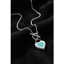 Erdobia 925 Ayar Ikonik Turkuaz Kalp Kilit Detaylı Zincir Gümüş Kolye T Tokalı (Büyük Boy)