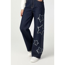 Miniğimin Cicileri Minigimin Cicileri Jean Palazzo Model Yıldız Detaylı Kız Çocuk Kot Pantolon - Lacivert