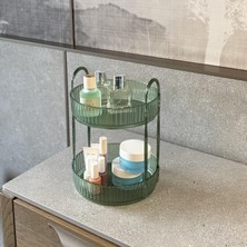 2 Katlı Makyaj Organizeri Kozmetik Aksesuar Düzenleyici Kozmetik Vitrini Yuvarlak (Zümrüt Yeşil)