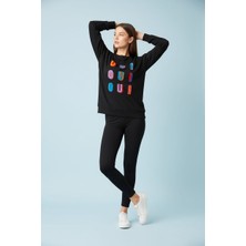 Seviliko Kadın Büyük Beden Bisiklet Yaka Renkli Harf Nakışlı Viscon Sweatshirt