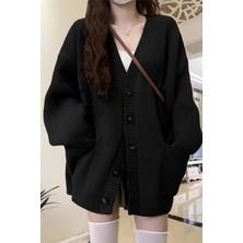 Cool Street Kadın Oversize Cepli Düğmeli V Yaka Triko Hırka