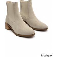 Modayak Florin Krem Süet Fermuarlı Lastikli Topuklu Altın Tokalı Yarım Bot