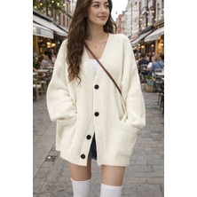 Cool Street Kadın Oversize Cepli Düğmeli V Yaka Triko Hırka