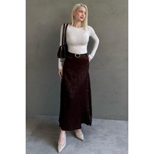 Madmext Kahverengi Kırışık Desen Kemerli Cepli Uzun Etek MG2661