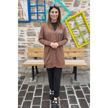 Kuş Nakışlı Pul Detaylı Triko Hırka - Sütlü Kahve