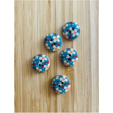 Kartopu Desenli Natürel Ahşap Düğme 15 Mm.  5'li Paket. Turkuaz.