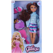 Hak-İş Oyuncak Renkli Pullu Etekli  Uzun Kahve Saçlı Kız Bebek ve Çanta Seti