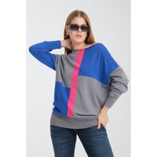 Moda Days Kadın Gri-Saks Renk Bloklu Kayık Yaka Triko Bluz