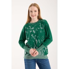 Moda Days Kadın Zümrüt Yeşili Sim Desenli Geniş Manşetli Bisiklet Yaka Triko Bluz