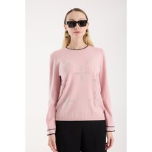 Moda Days Kadın Pudra Önü Taş ve Inci Işlemeli Kontrast Biyeli Bisiklet Yaka Triko Bluz