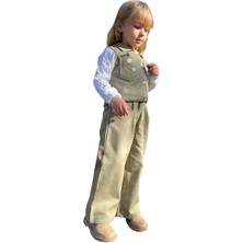 İrem Çocuk Giyim Kız Çocuk Cep Üzeri Çiçek Nakışlı Kolları Triko Model Gabardin Kumaş  Yeşil Renk Ikili Takım
