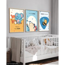 Evine Moda Hayvan Temalı Çocuk Odası 3 Parça Ahşap Çerçeveli Tablo Act