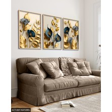 Evine Moda Zarif Altın Yapraklı Çiçekler 3 Parça Ahşap Çerçeveli Tablo Act
