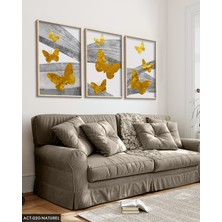 Evine Moda Gold Kelebekler Soyut Arkaplan 3 Parça Ahşap Çerçeveli Tablo Act