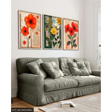 Evine Moda Yeşil Yapraklı Kırmızı ve Sarı Çiçek 3 Parça Ahşap Çerçeveli Tablo Act