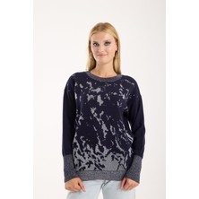 Moda Days Kadın Koyu Laci Sim Desenli Geniş Manşetli Bisiklet Yaka Triko Bluz