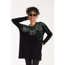 Moda Days Kadın Haki-Siyah Iki Renkli Taş Detaylı Çiçek Desenli Yan Yırtmaçlı Bisiklet Yaka Triko Tunik