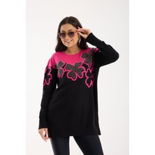 Moda Days Kadın Fuşya-Siyah Iki Renkli Taş Detaylı Çiçek Desenli Yan Yırtmaçlı Bisiklet Yaka Triko Tunik