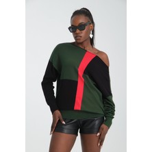 Moda Days Kadın Haki-Siyah Renk Bloklu Kayık Yaka Triko Bluz